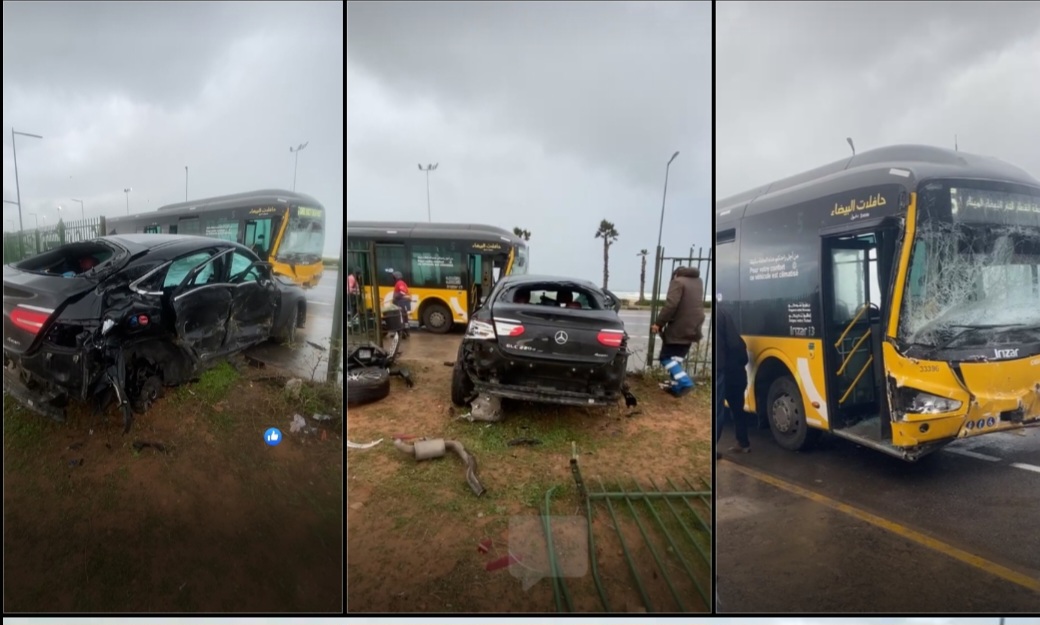 بالصور.. اصطدام عنيف بين سيارة وحافلة بعين الدياب 